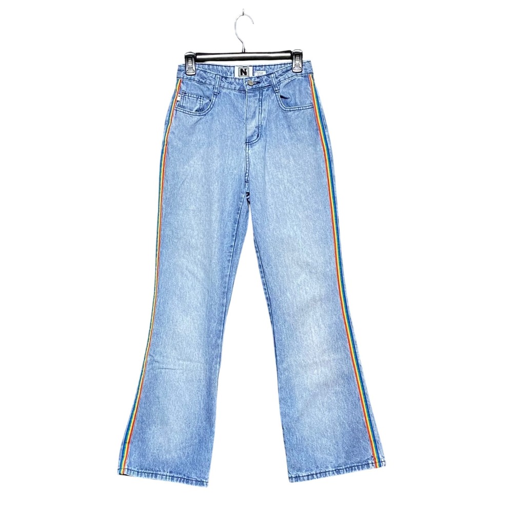 Not Guilty Vintage Rainbow Side Stripe Flare Jeans Light Wash High Rise 7/8 Y2K